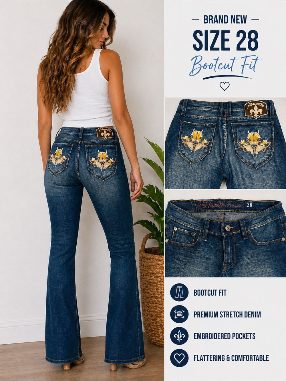 👖Alouette Premium Bootcut Jeans Size 28 – Embroidered Pockets, Designer Denim